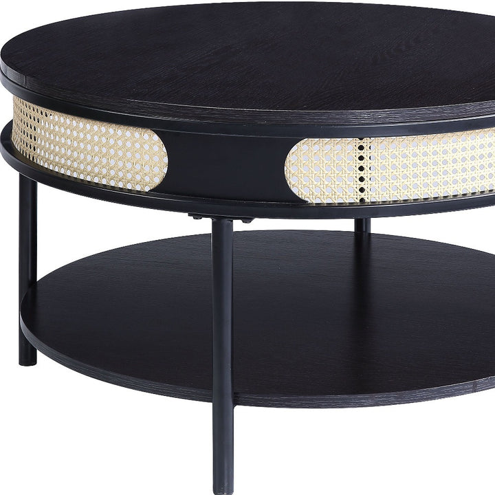 32" Black Metal Round Coffee Table With Shelf