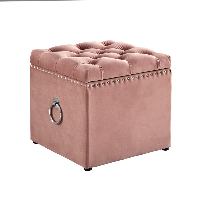 18" Blush Velvet And Black Tufted Storage