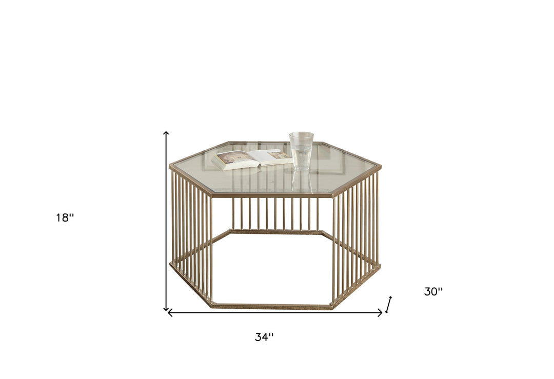 34" Champagne And Clear Glass And Metal Hexagon Coffee Table