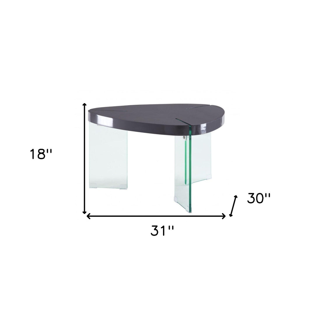 31" Clear Glass And Gray High Gloss Triangle Coffee Table