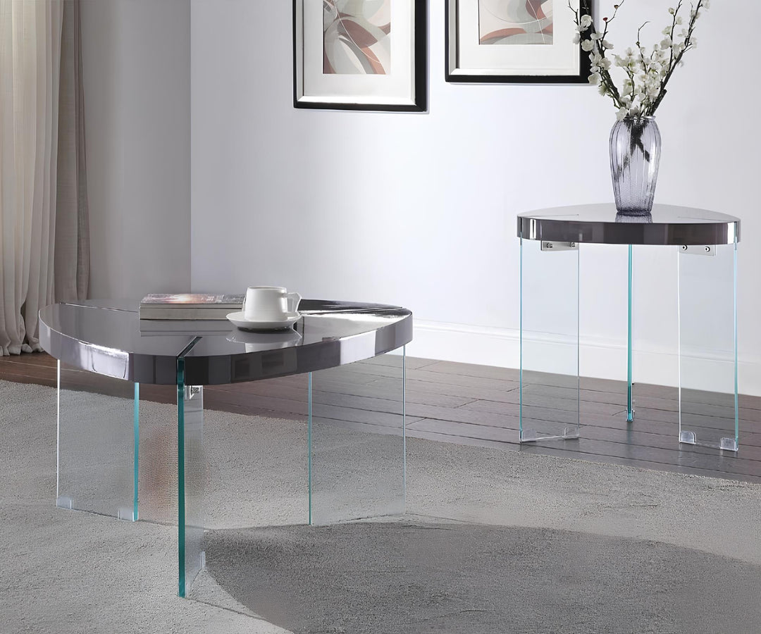 31" Clear Glass And Gray High Gloss Triangle Coffee Table