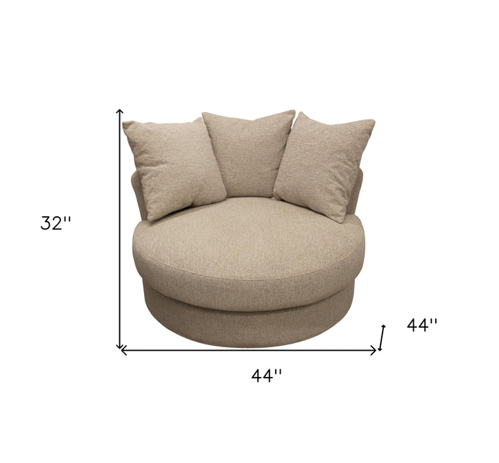 44" Sand Linen Upholstered Swivel Round Accent Chair And Toss Pillows