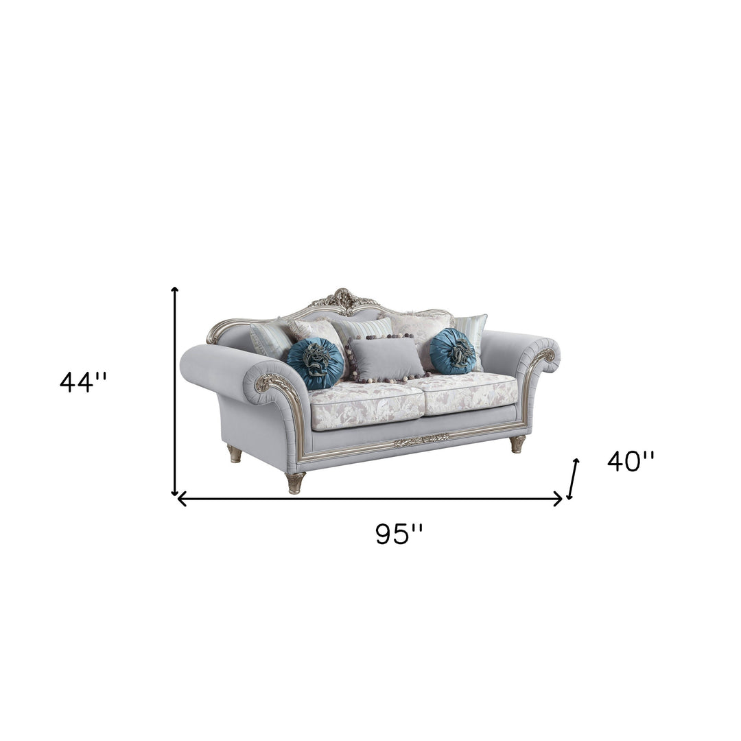 95" Light Gray Linen Sofa And Toss Pillows With Platinum Legs