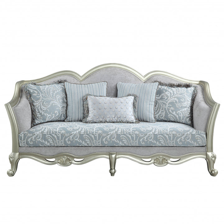 85" Light Gray Linen Damask Sofa And Toss Pillows With Champagne Legs