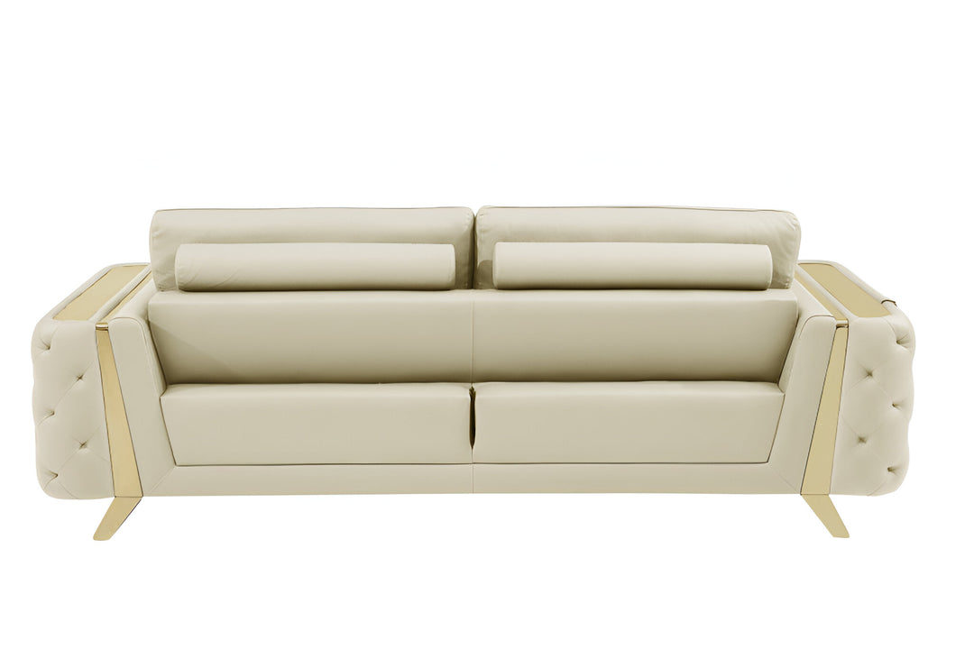 90" Beige Italian Leather Sofa With Gold Legs