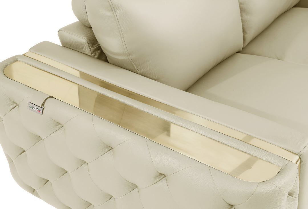 90" Beige Italian Leather Sofa With Gold Legs