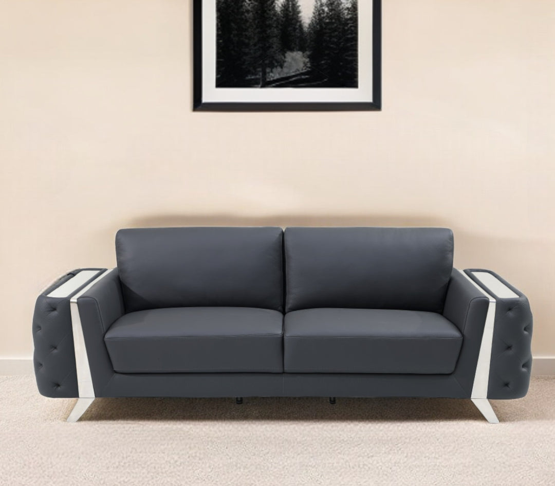 90" Gray Italian Leather Sofa With Silver Legs