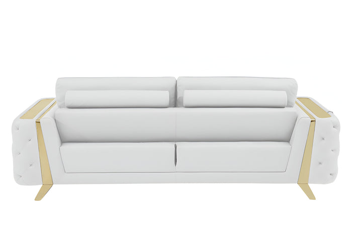 90" White Italian Leather Sofa With Gold Legs