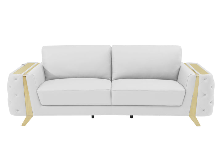 90" White Italian Leather Sofa With Gold Legs