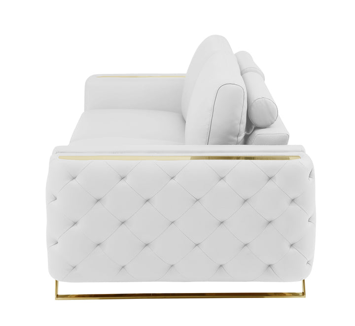 90" White Italian Leather Sofa With Gold Legs