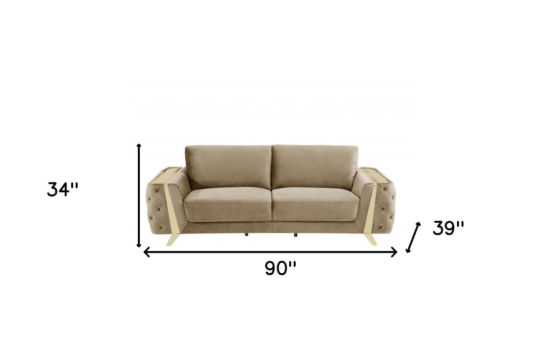 90" Beige Velvet Sofa With Gold Legs