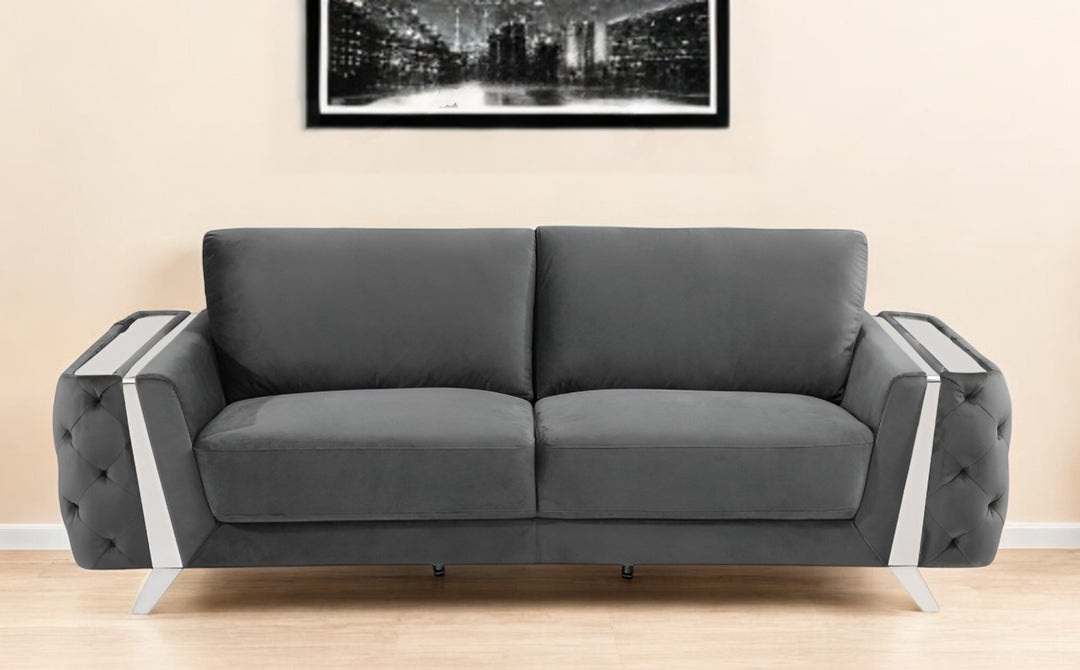 90" Gray Velvet Sofa With Silver Legs