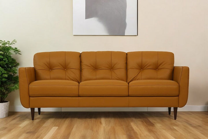 83" Orange Leather Sofa With Black Legs