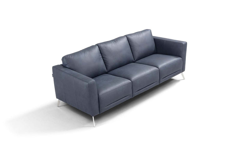 85" Blue Leather Sofa With Black Legs