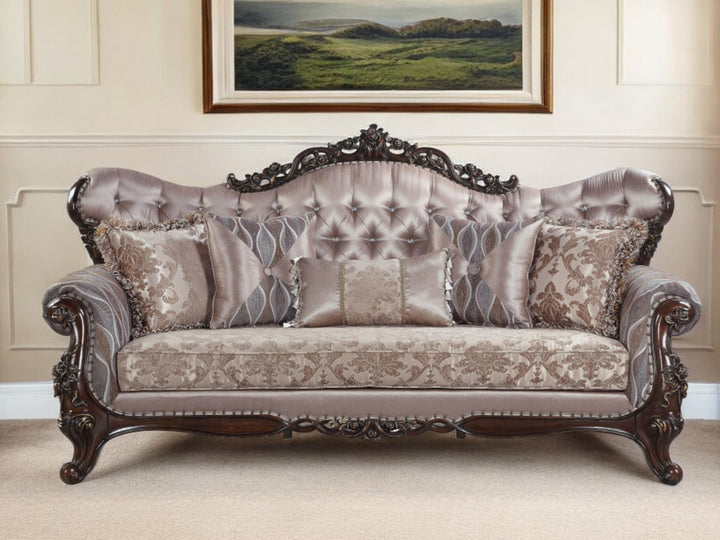 92" Champagne Imitation Silk Damask Sofa And Toss Pillows