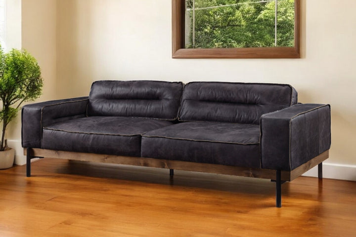 96" Ebony Top Grain Leather Sofa With Black Legs