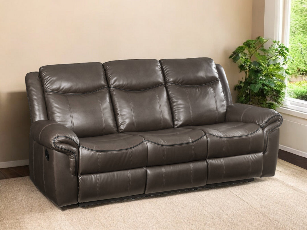 89" Brown Faux Leather Reclining USB Sofa With Black Legs