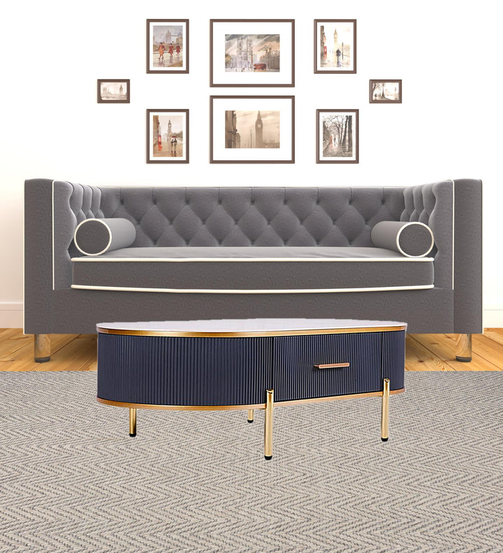 47" White And Gold Stone And Stainless Steel Oval Coffee Table With Drawer