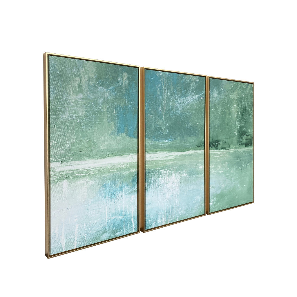 Set Of Three Blue Green Abstract Water with Gold Floater Frame Painting Wall Art