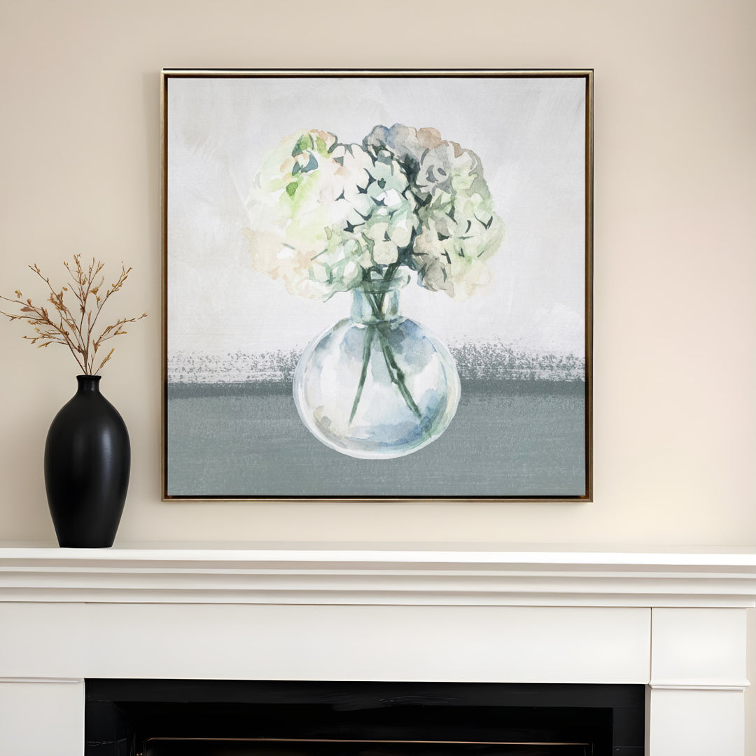 Hydrangea in Vase Gold Floater Frame p-Oxybis(benzenesulfonyl hydrazide) Wall Art