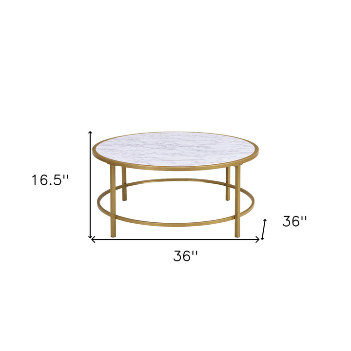 36" White And Gold Faux Marble And Metal Round Coffee Table