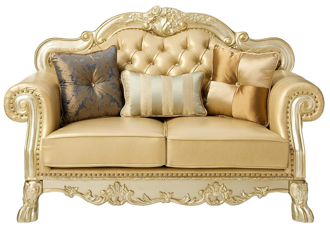 64" Bone And Gold Faux Leather Loveseat and Toss Pillows