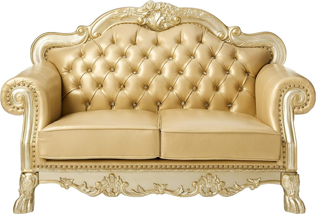 64" Bone And Gold Faux Leather Loveseat and Toss Pillows