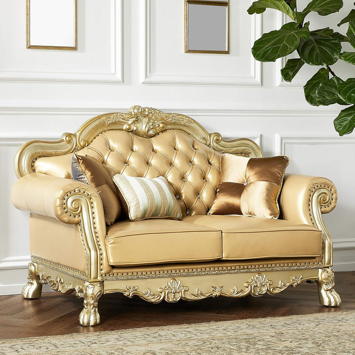 64" Bone And Gold Faux Leather Loveseat and Toss Pillows