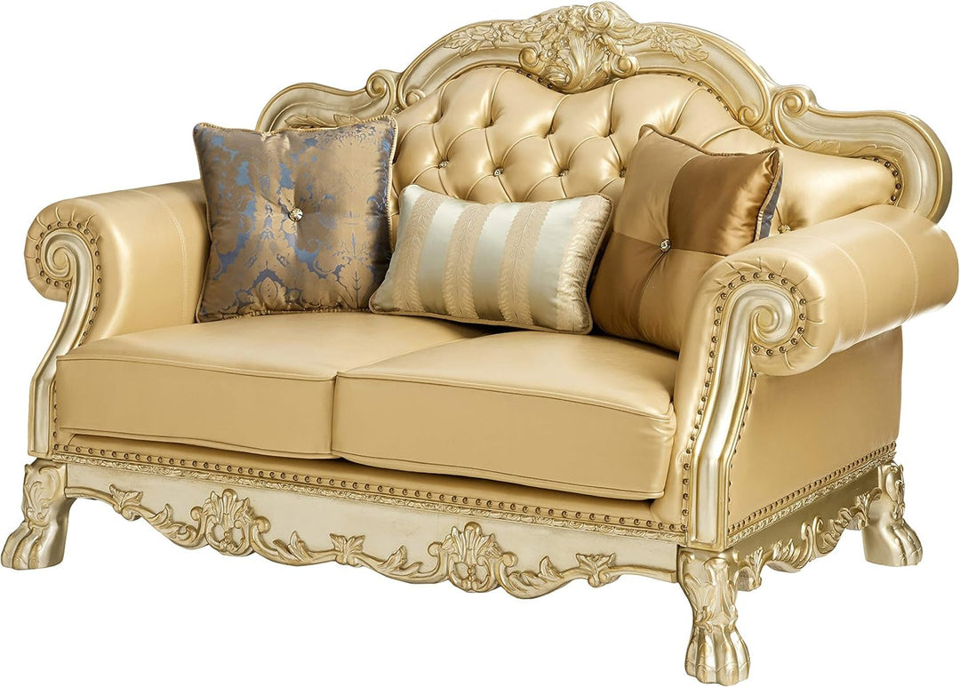 64" Bone And Gold Faux Leather Loveseat and Toss Pillows