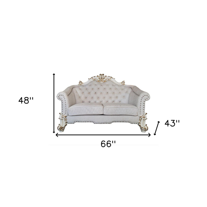 66" Two Tone Ivory And Pearl Velvet Loveseat and Toss Pillows