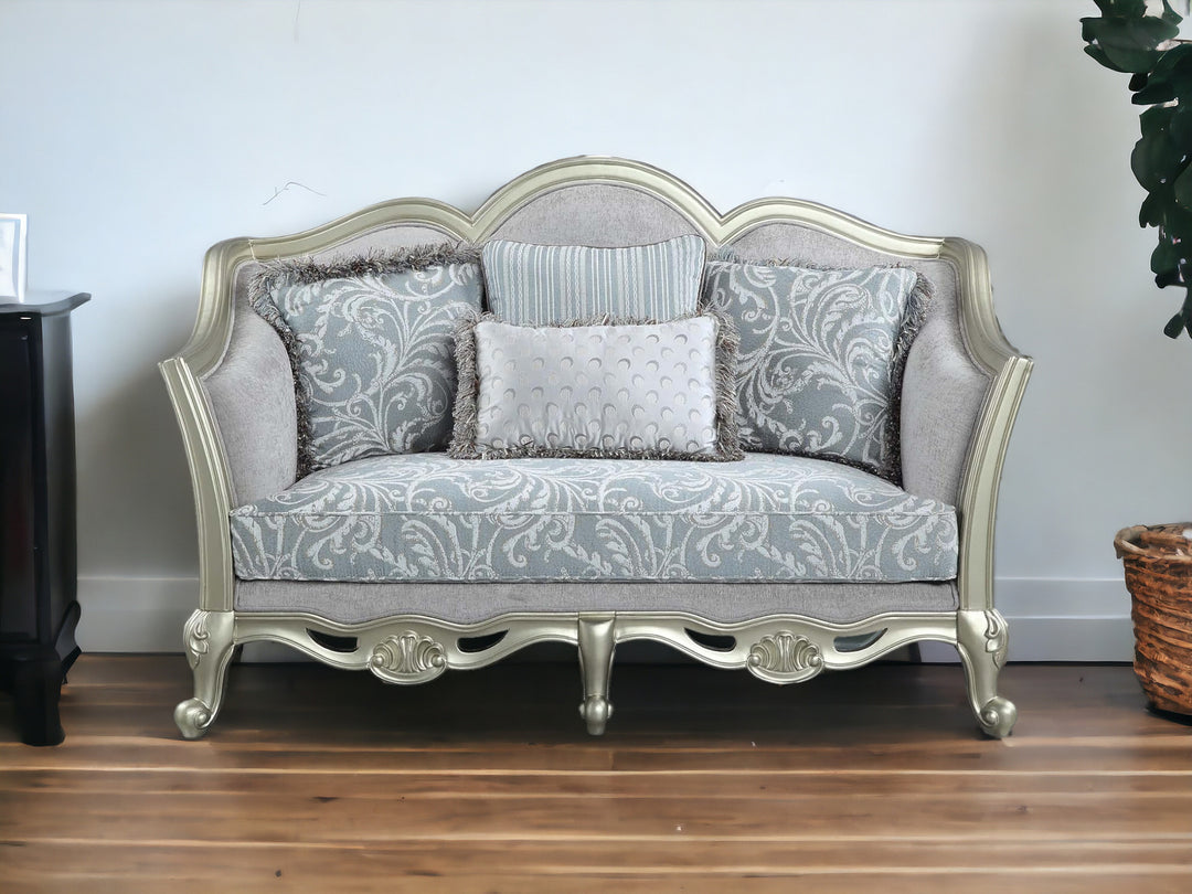 66" Light Gray And Champagne Linen Damask Loveseat and Toss Pillows