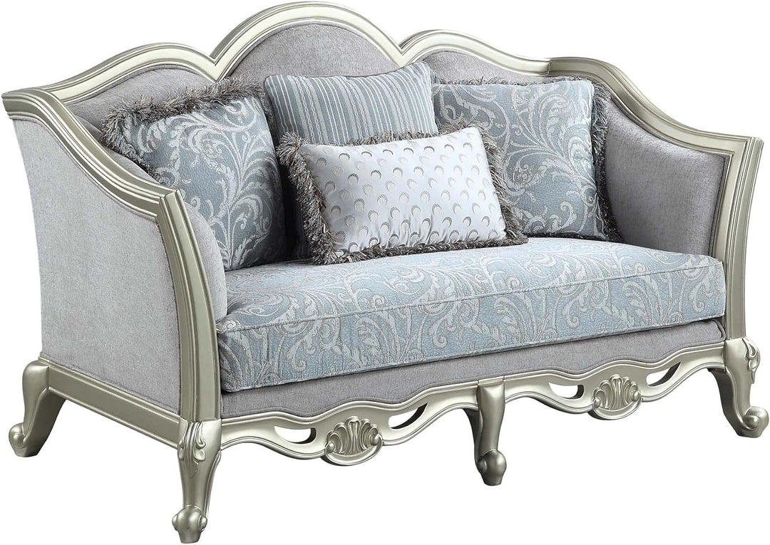 66" Light Gray And Champagne Linen Damask Loveseat and Toss Pillows