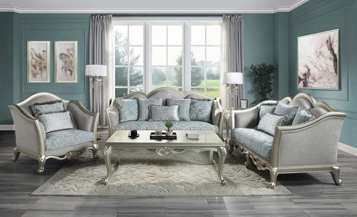 66" Light Gray And Champagne Linen Damask Loveseat and Toss Pillows