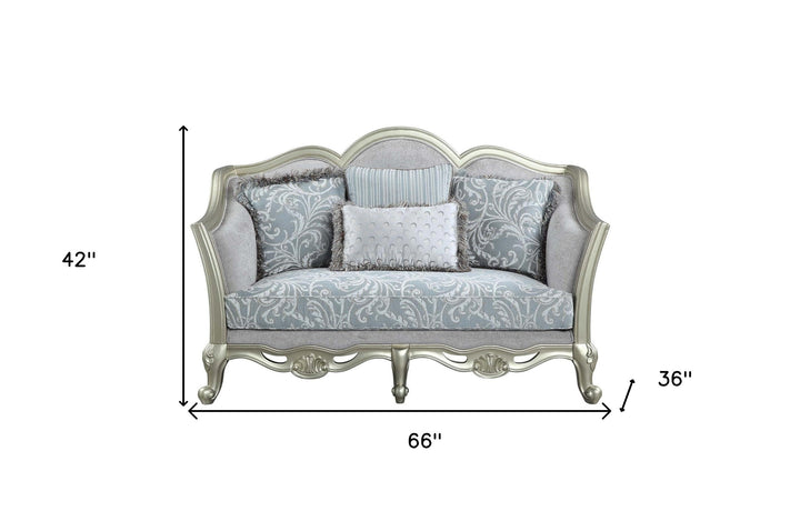 66" Light Gray And Champagne Linen Damask Loveseat and Toss Pillows