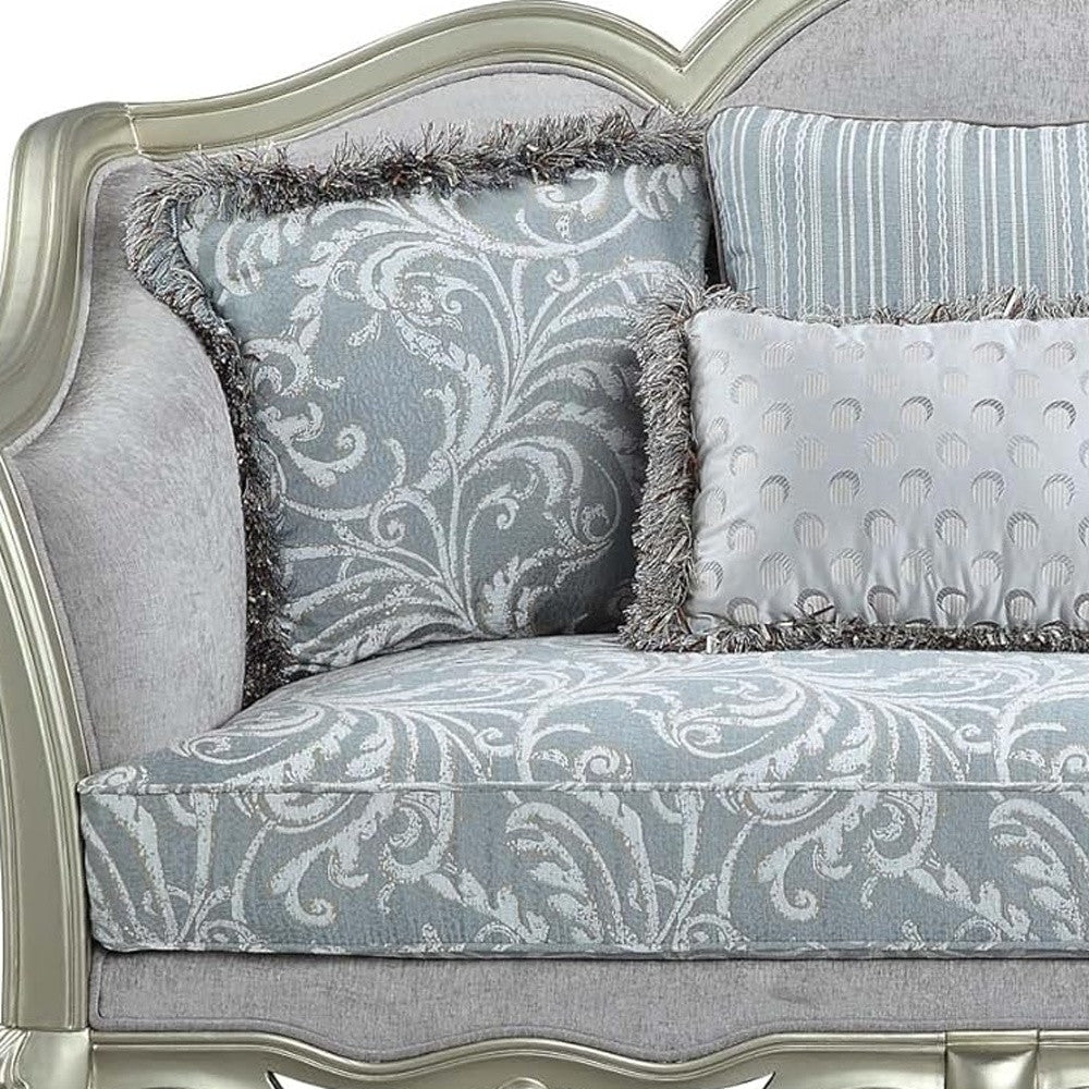 66" Light Gray And Champagne Linen Damask Loveseat and Toss Pillows