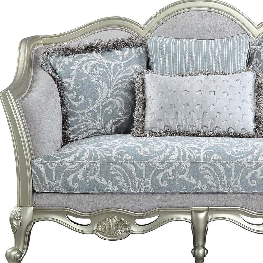 66" Light Gray And Champagne Linen Damask Loveseat and Toss Pillows