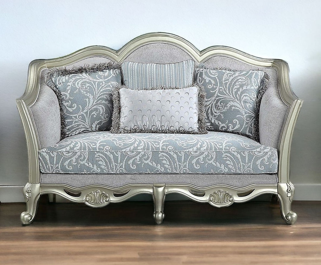 66" Light Gray And Champagne Linen Damask Loveseat and Toss Pillows