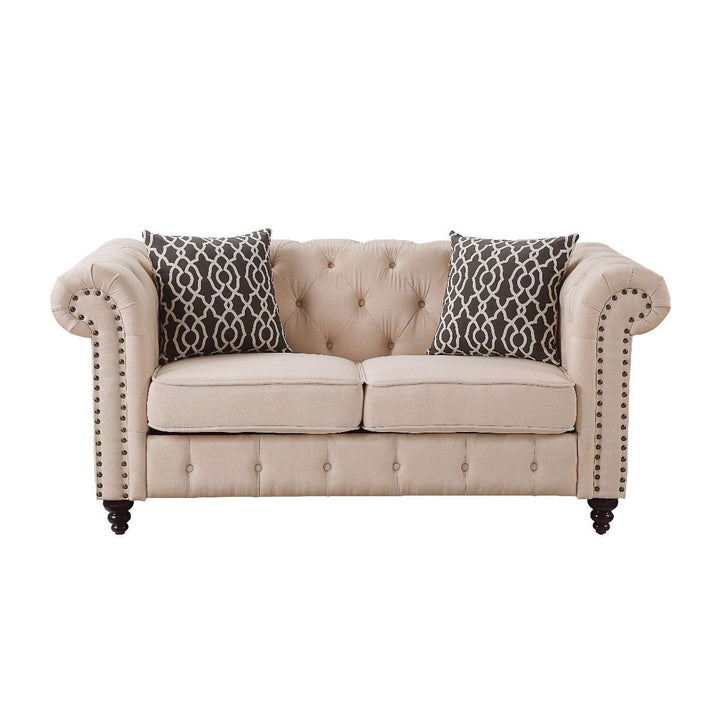 67" Beige And Dark Brown Linen Loveseat