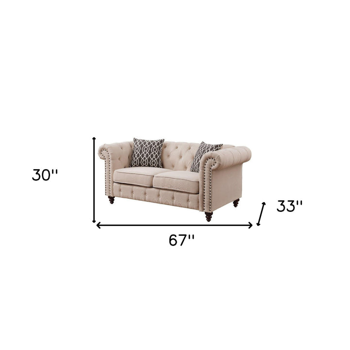 67" Beige And Dark Brown Linen Loveseat