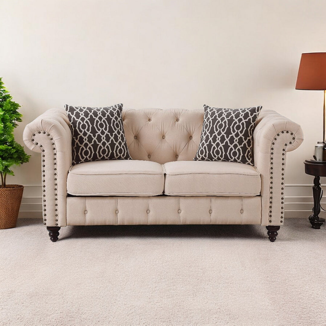 67" Beige And Dark Brown Linen Loveseat