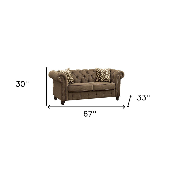 67" Brown And Dark Brown Linen Loveseat