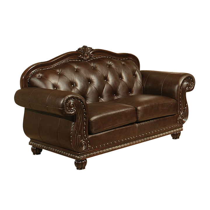 70" Espresso Faux Leather And Black Nailhead Love Seat