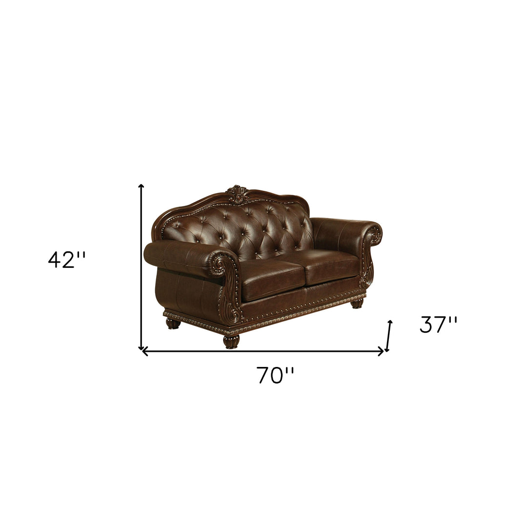 70" Espresso Faux Leather And Black Nailhead Love Seat