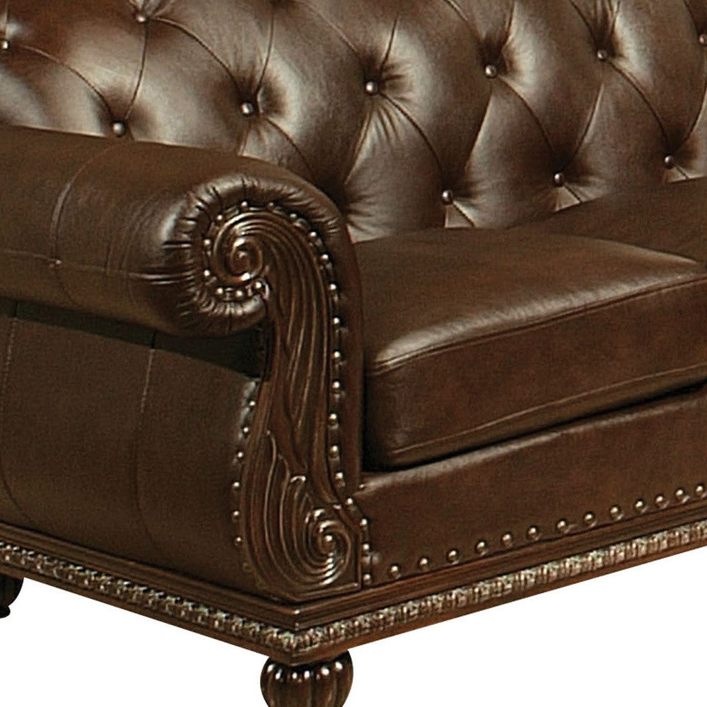 70" Espresso Faux Leather And Black Nailhead Love Seat