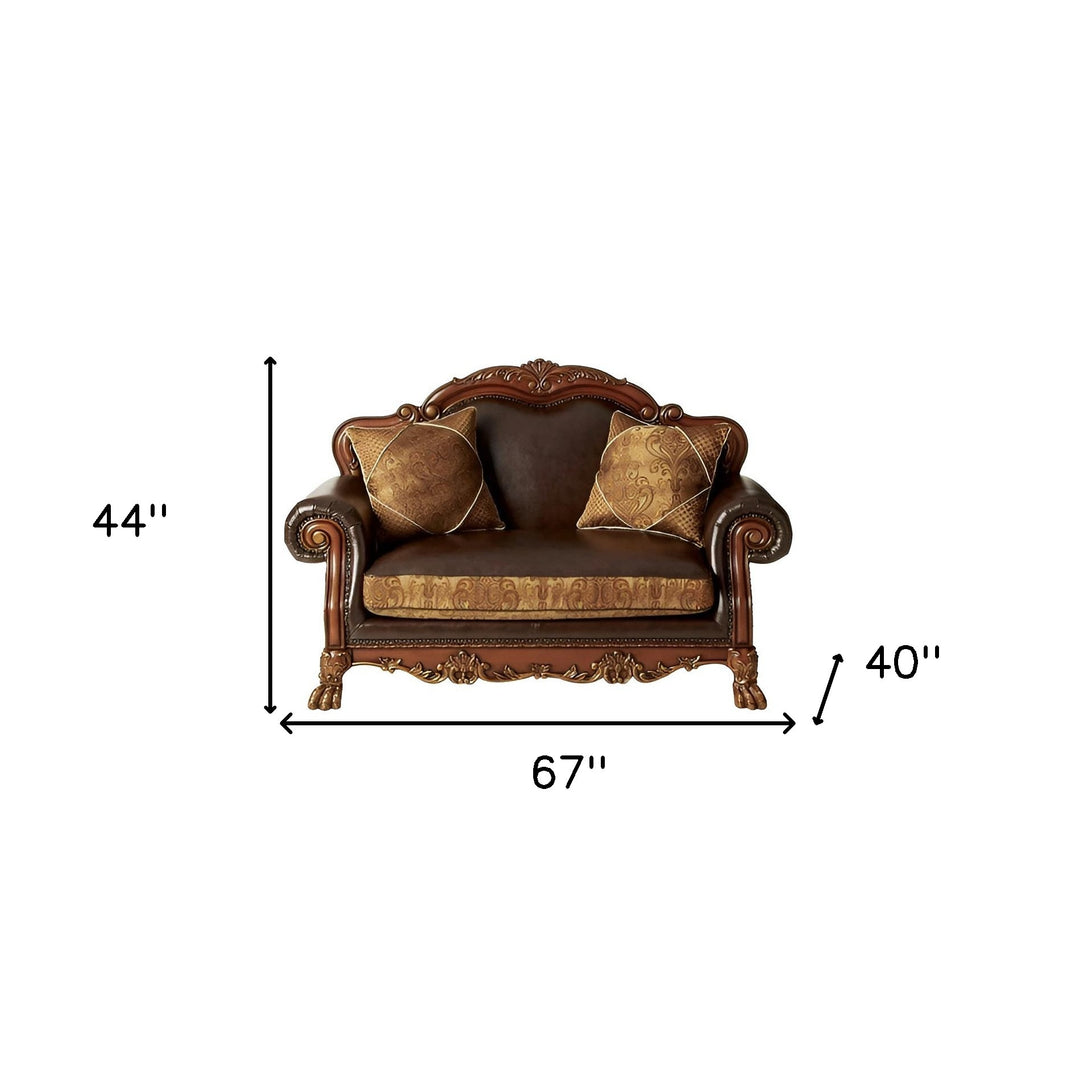 67" Brown And Redwood Faux Leather Loveseat and Toss Pillows