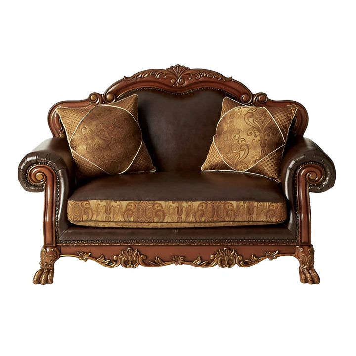 67" Brown And Redwood Faux Leather Loveseat and Toss Pillows