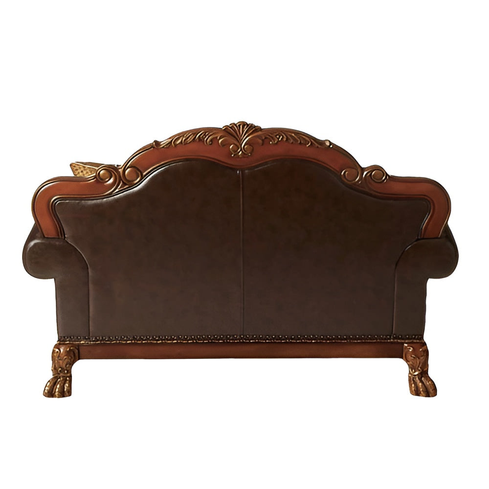 67" Brown And Redwood Faux Leather Loveseat and Toss Pillows