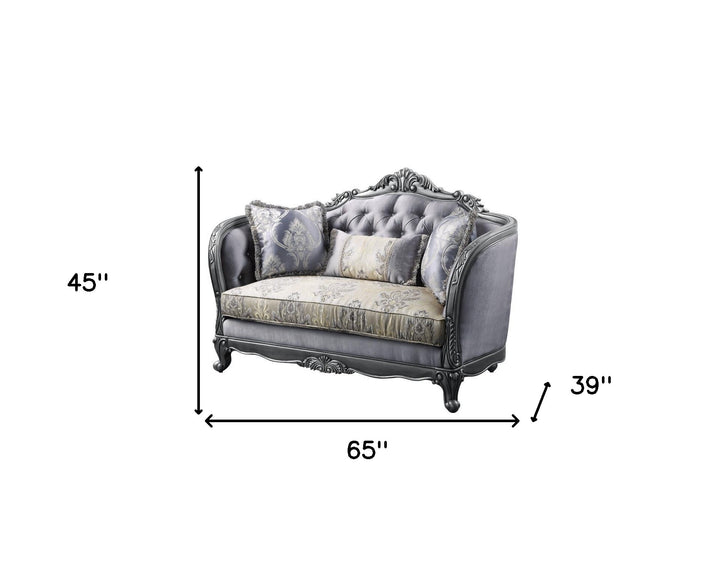 65" Gray And Platinum Silk Blend Loveseat and Toss Pillows