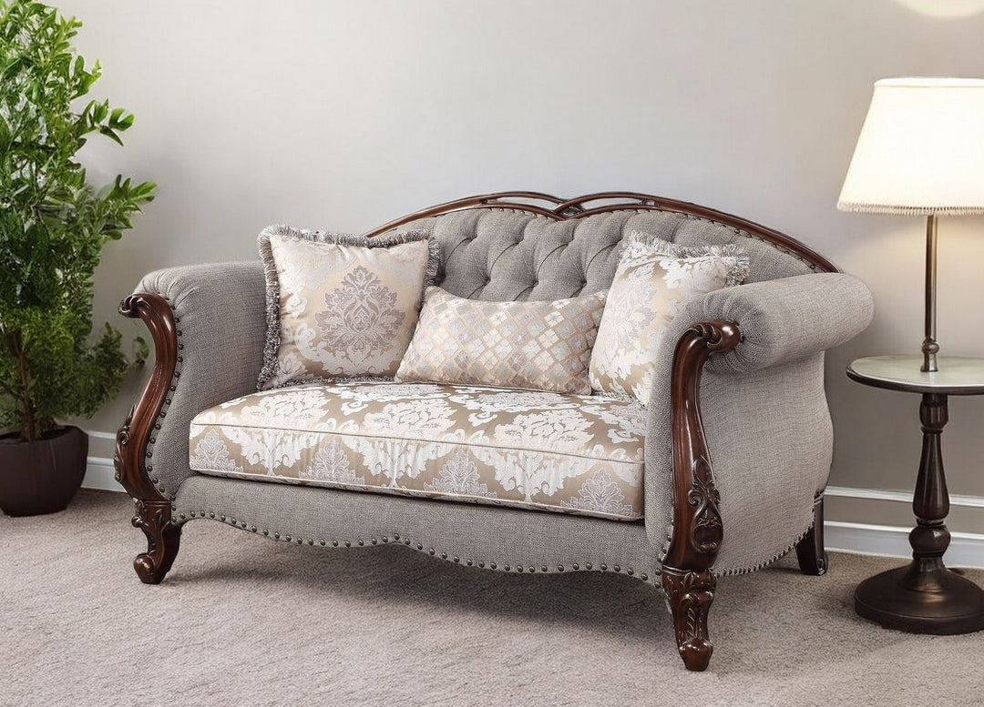 72" Beige And Dark Brown Linen Loveseat and Toss Pillows