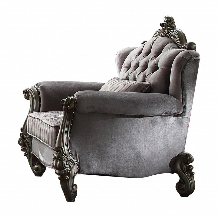 44" Gray And Platinum Velvet Floral Tufted Club Chair